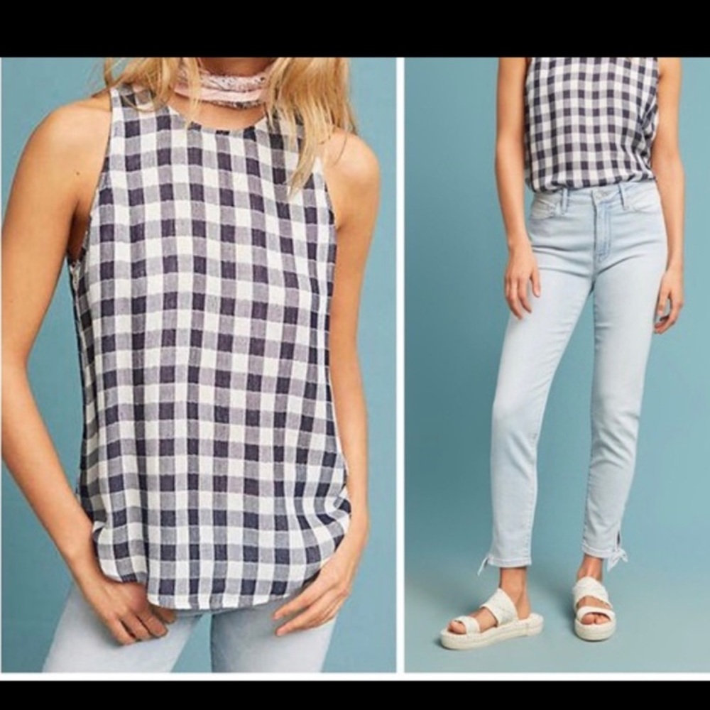 Anthropologie Cloth & Stone Gillian Gingham Navy Top Small - Picture 3 of 11